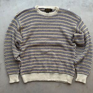 Vintage Eddie Bauer Mens L Cotton Birdseye Knit Sweater Made in USA Purple Gold